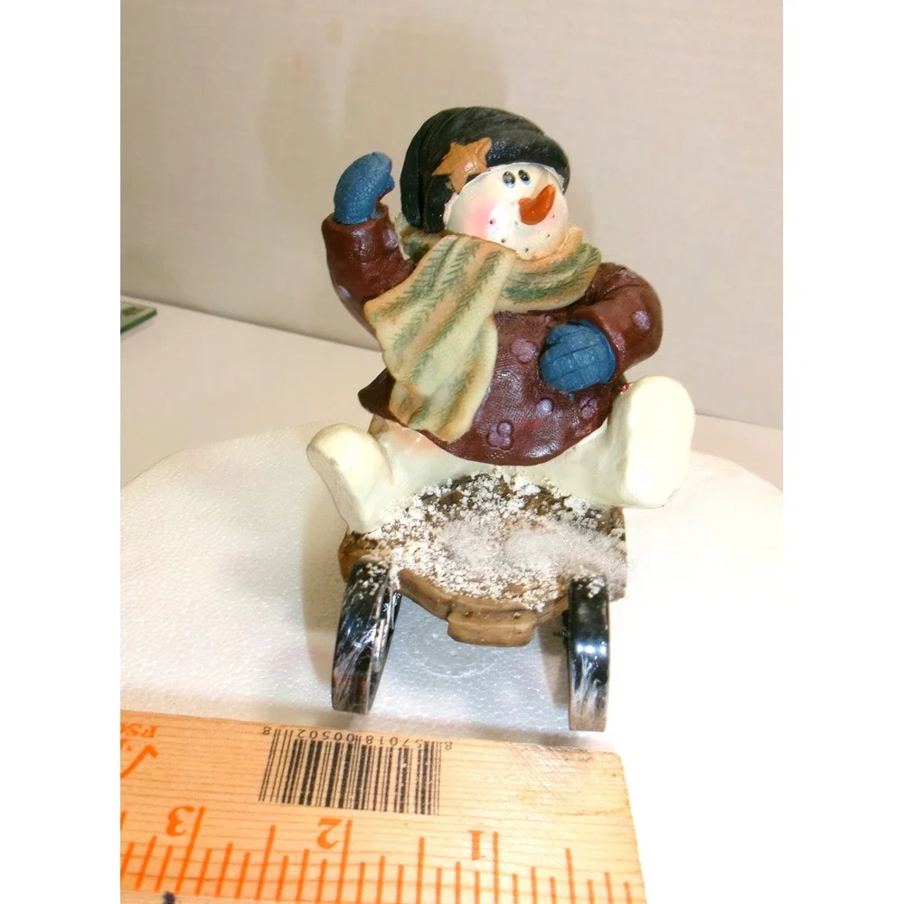 Snowman Set‎ of 3 Figurines Resin with Cherry Pie, Glass & Sledding Vintage